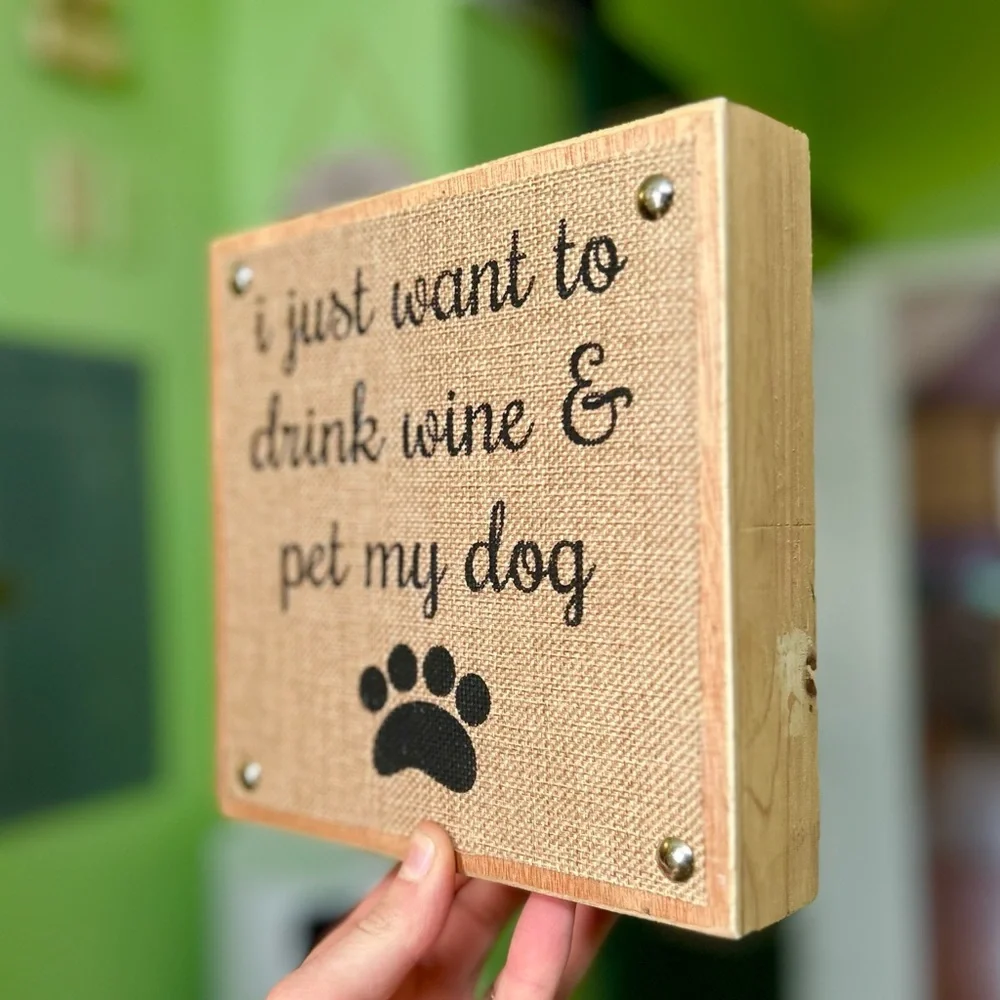 Rustic Wood Made Dog Pet + Wine Loving Plaque Wall Hanging Home Decor - Picture 3 of 4